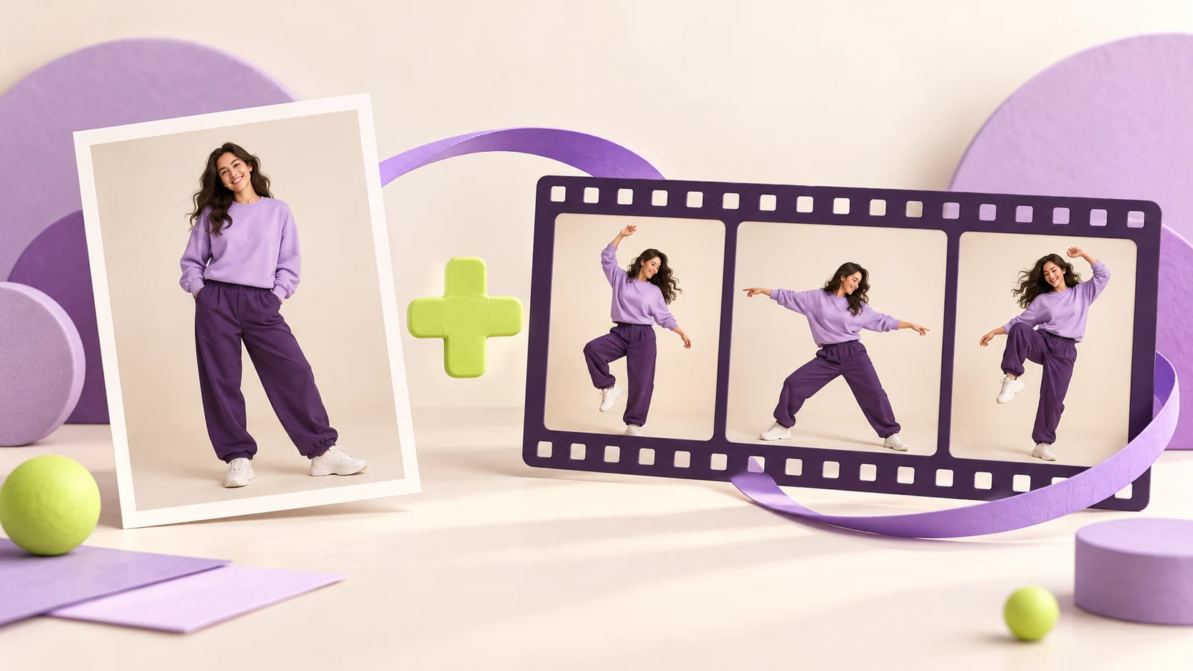 AI illustration of a full-body character photo paired with a filmstrip of dance poses.